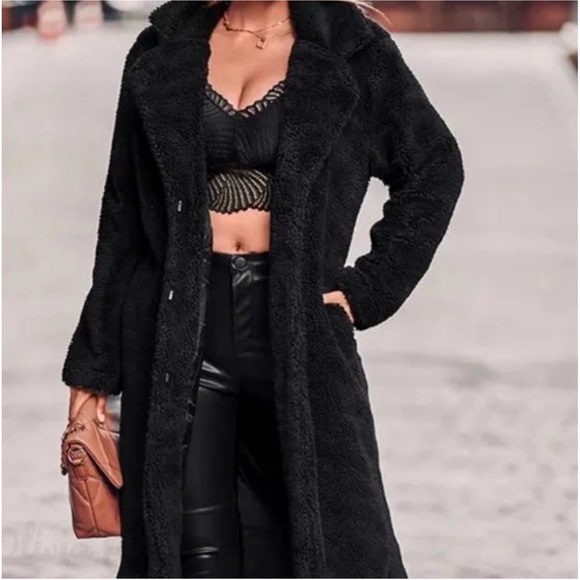 Black Sherpa Plush Teddy Long Over Knees NWT Thick Warm Lined Faux Fur Coat - Picture 3 of 12